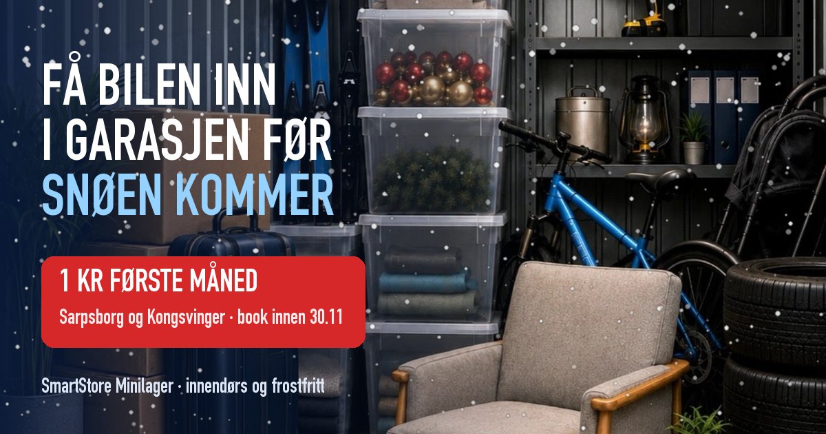 Lagerbod med sykkel, dekk og oppbevaringsbokser og teksten «Få bilen inn i garasjen før snøen kommer – 1 kr første måned i Sarpsborg og Kongsvinger»